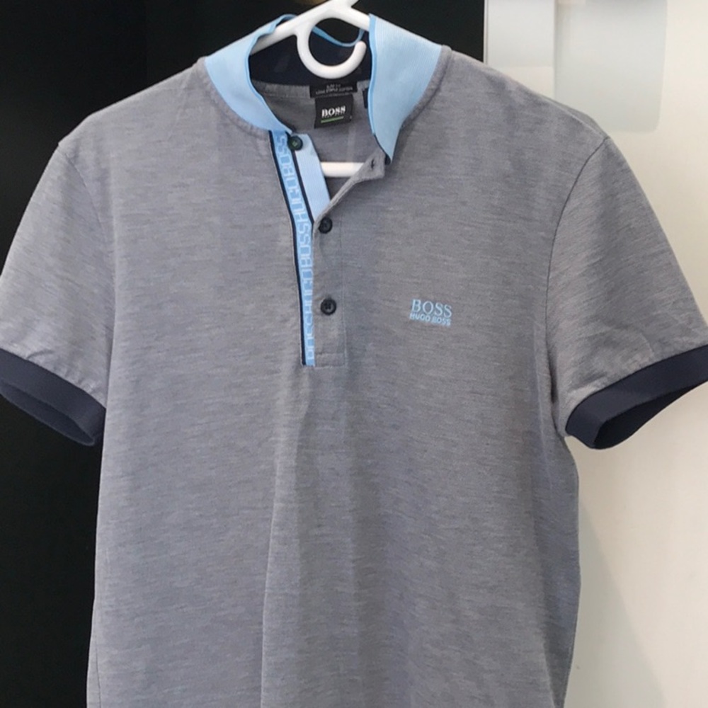 Hugo Boss Gray and Blue Polo Shirt with Classic Knit Design Size M Medium